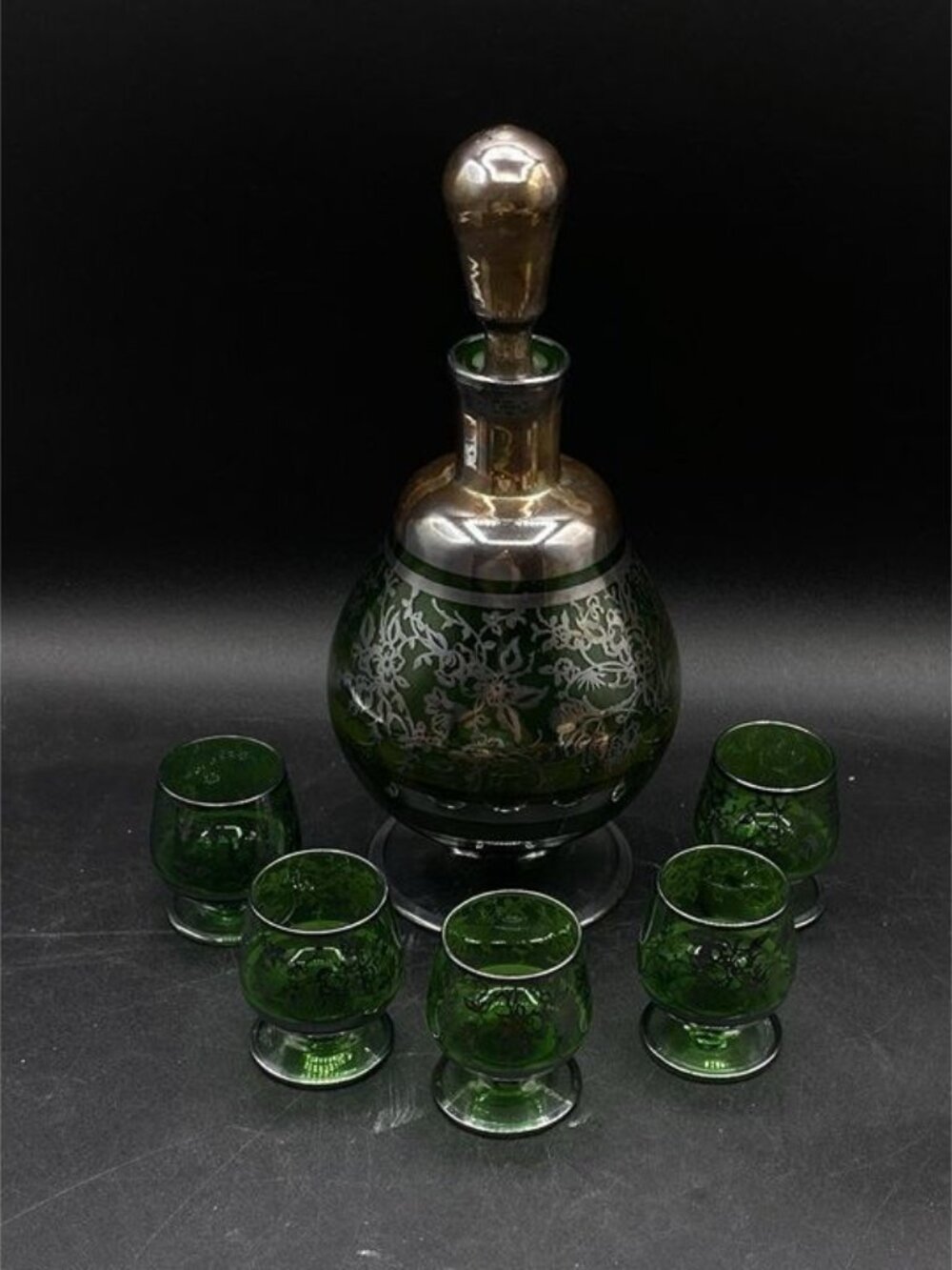 Italian Glass Silver Overlay Floral Pattern Green Decanter and 5 Cordial Glasses